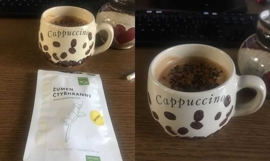 Zasílám pár fotografií ze svého oblíbeného způsobu užívání produktu: posypu jím kafe (už však není příliš horké) a zamíchám. Druhý oblíbený způsob je do tvarohu s oříšky a ovocem, ale doma v “bojových” podmínkách to není nikterak zrovna krásné. Michal