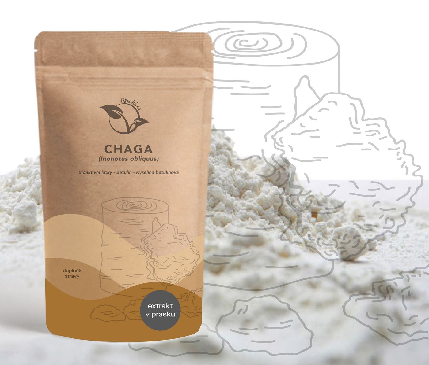 LifeChi - Chaga (Inonotus obliquus) extrakt v prášku 50 g - (30% polysacharidů, 15% betaglukanů) 50 g