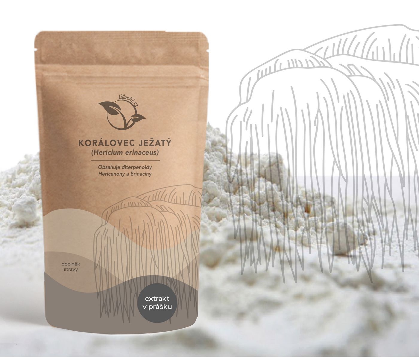 LifeChi - Korálovec ježatý (Hericium erinaceus) extrakt v prášku (30% polysacharidů, 15% betaglukanů) 50 g